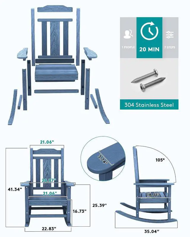 Alt view image 5 of 7 - Oversized Outdoor Rocking Chair Set of 2, All Weather Patio Rocking Chair, HDPE Poly Rocking Chair for Adults, Heavy Duty Front Porch Rocker,Unique Blue