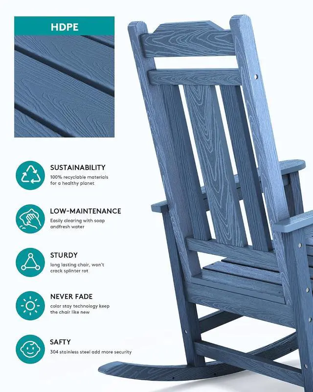 Alt view image 6 of 7 - Oversized Outdoor Rocking Chair Set of 2, All Weather Patio Rocking Chair, HDPE Poly Rocking Chair for Adults, Heavy Duty Front Porch Rocker,Unique Blue