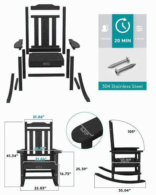 Alt view image 3 of 7 - Oversized Rocking Chair Outdoor, HDPE Outdoor Rocking Chair for Adults, Heavy Duty Front Porch Rocker Black