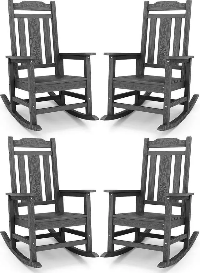 Main image of Gray Outdoor Rocking Chair Set of 4, All Weather Patio Rocking Chair, HDPE Poly Rocking Chair for Adults, Heavy Duty Front Porch Rocker