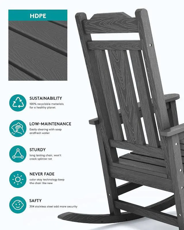 Alt view image 6 of 7 - Outdoor Rocking Chair Gray Set of 8, All Weather Patio Rocking Chair, HDPE Poly Rocking Chair for Adults, Heavy Duty Front Porch Rocker