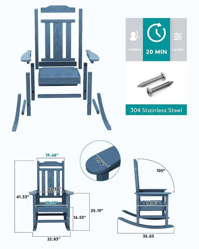 Alt view image 4 of 7 - Outdoor Rocking Chair Set of 6, Patio Rocking Chair Sets, HDPE Rocking Chair for Adults, Blue