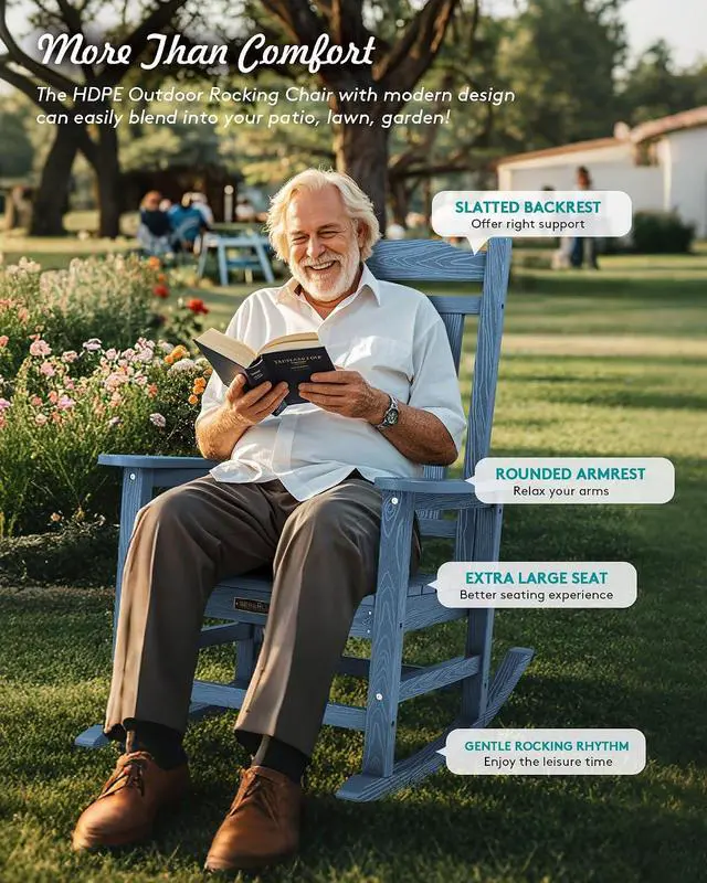 Alt view image 3 of 7 - Oversized Rocking Chair Outdoor, HDPE Outdoor Rocking Chair, Blue