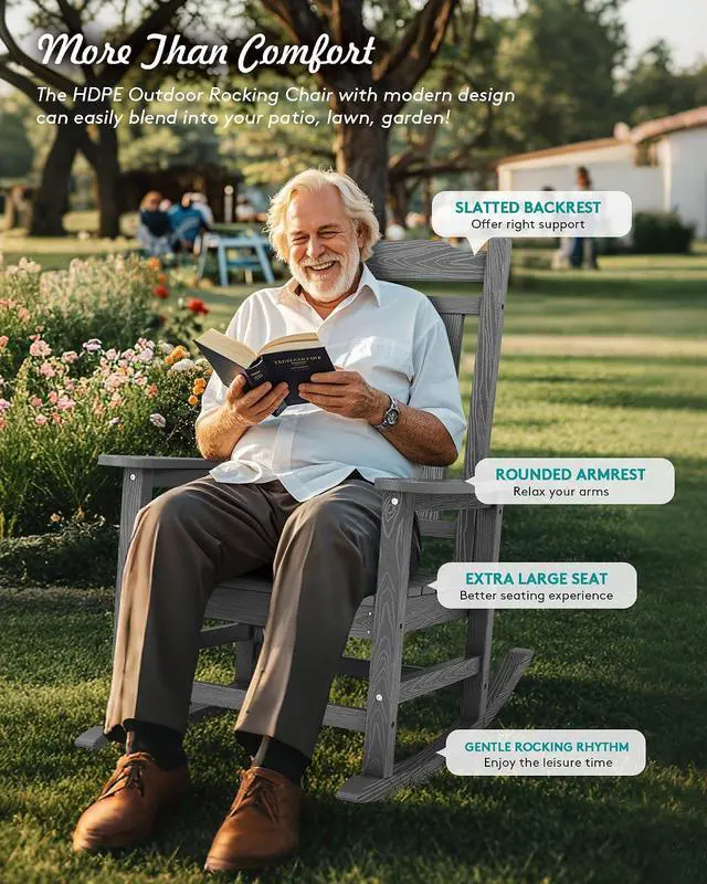 Alt view image 3 of 7 - Oversized Rocking Chair Outdoor, HDPE Outdoor Rocking Chair, Grey