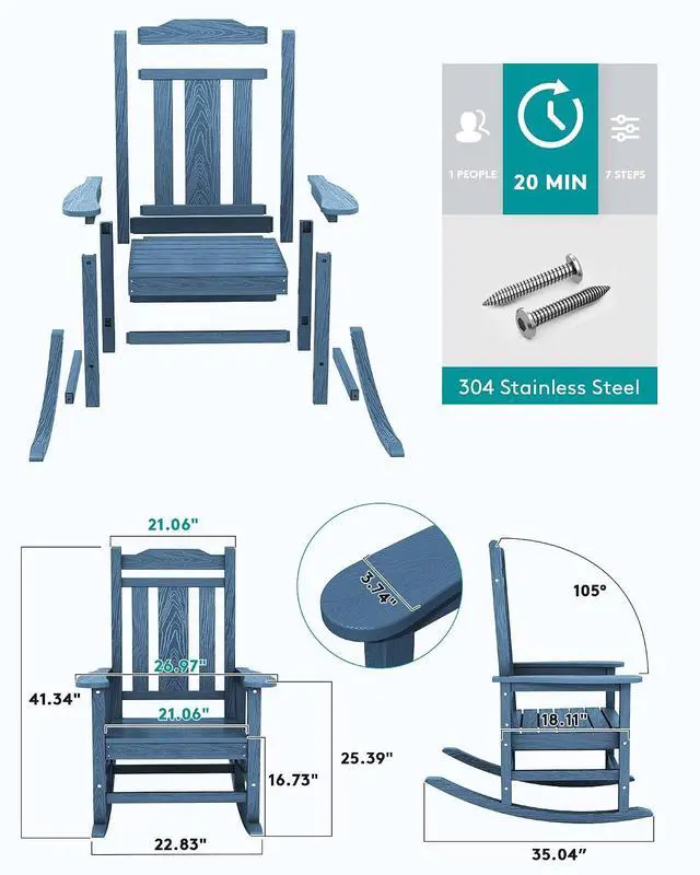 Alt view image 6 of 7 - Oversized Rocking Chair, HDPE Outdoor Rocking Chairs Set of 4, Patio Rocking Chair Sets for Adults, Blue