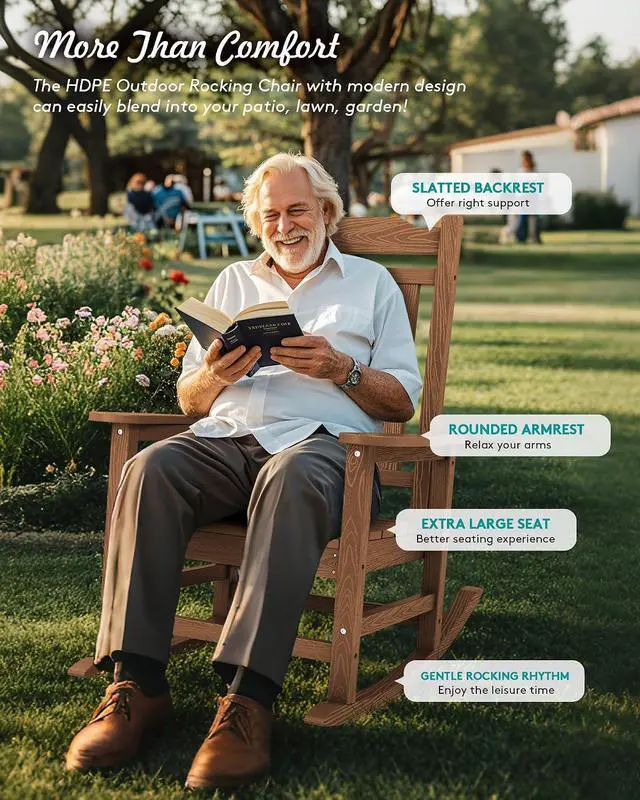 Alt view image 3 of 7 - Outdoor Rocking Chair Set of 6, Patio Rocking Chair Sets, HDPE Rocking Chair for Adults, Brown