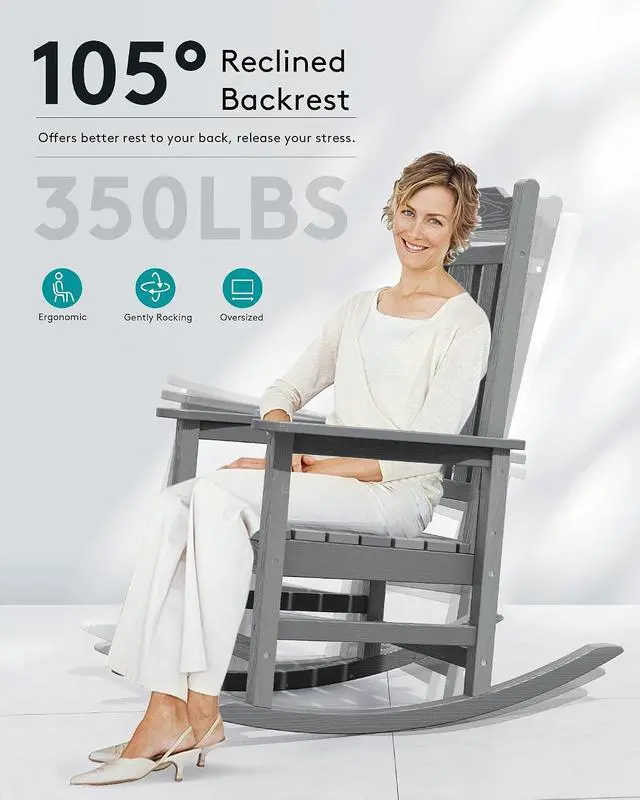 Alt view image 3 of 7 - Oversized Outdoor Rocking Chair Set of 4, All Weather Patio Rocking Chair, HDPE Poly Rocking Chair for Adults, Heavy Duty Front Porch Rocker,Unique Gray