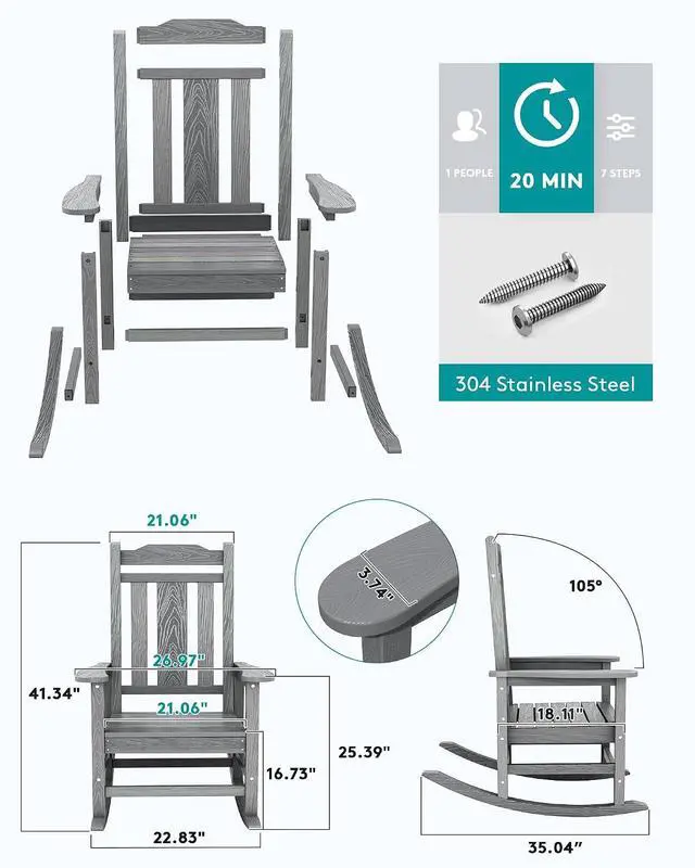 Alt view image 5 of 7 - Oversized Outdoor Rocking Chair Set of 4, All Weather Patio Rocking Chair, HDPE Poly Rocking Chair for Adults, Heavy Duty Front Porch Rocker,Unique Gray