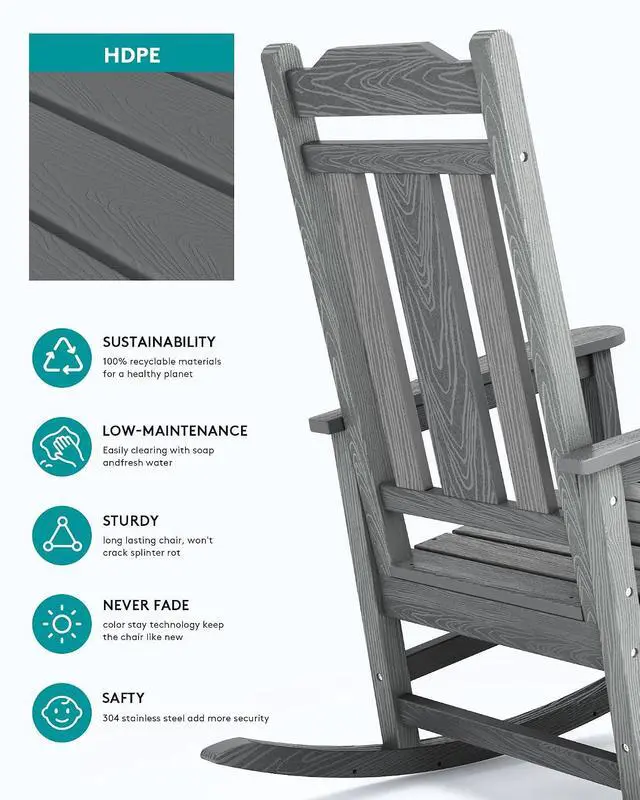 Alt view image 6 of 7 - Oversized Outdoor Rocking Chair Set of 4, All Weather Patio Rocking Chair, HDPE Poly Rocking Chair for Adults, Heavy Duty Front Porch Rocker,Unique Gray
