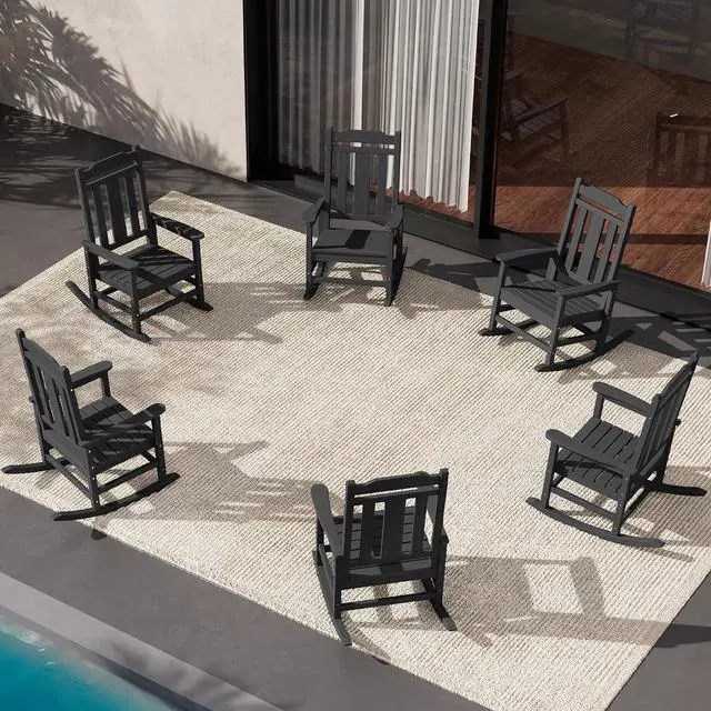 Main image of HDPE Outdoor Rocking Chair for Adults, Outdoor Rocking Chairs Set of 6, Patio Rocking Chair Sets, Black