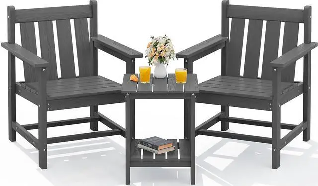 Main image of SEWRWALL 3 Pieces Patio Bistro Set, All Weather Adirondack Chair Set with Side Table, HDPE Material Outdoor Patio Furniture Set for Balcony, Porch, Garden, Backyard- Gray