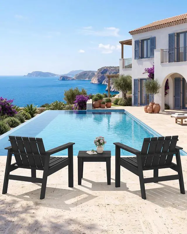 Alt view image 3 of 7 - Adirondack Chair Set, Includes Adirondack Chairs Set of 2 and 1 Piece Outdoor Side Table, HDPE Bistro Set- Black
