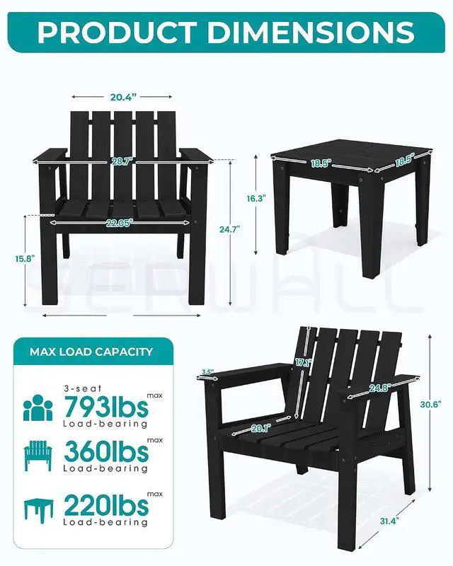 Alt view image 6 of 7 - Adirondack Chair Set, Includes Adirondack Chairs Set of 2 and 1 Piece Outdoor Side Table, HDPE Bistro Set- Black