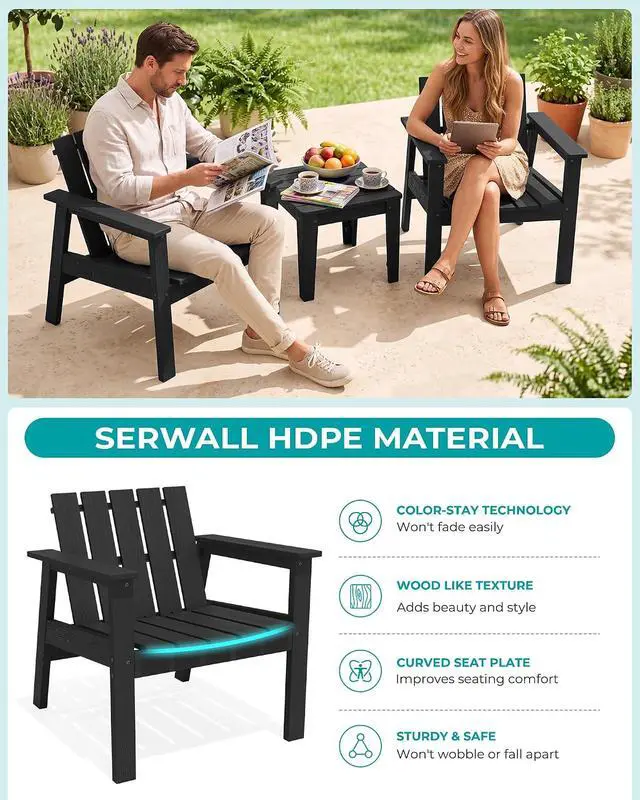 Alt view image 4 of 7 - Adirondack Chair Set, Includes Adirondack Chairs Set of 2 and 1 Piece Outdoor Side Table, HDPE Bistro Set- Black
