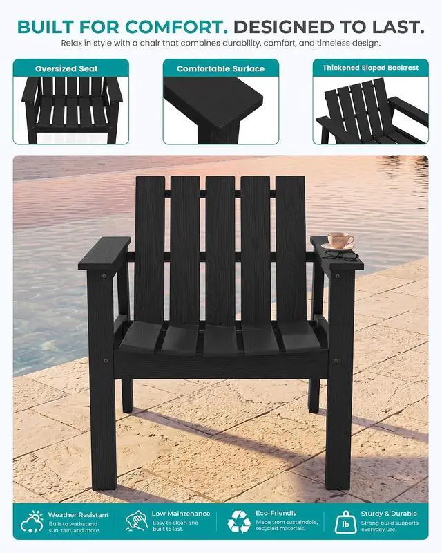 Alt view image 7 of 7 - Adirondack Chair Set, Includes Adirondack Chairs Set of 2 and 1 Piece Outdoor Side Table, HDPE Bistro Set- Black