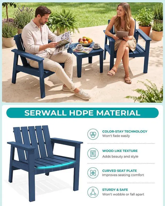 Alt view image 6 of 7 - Adirondack Chair Set, Includes Adirondack Chairs Set of 2 and 1 Piece Outdoor Side Table, HDPE Bistro Set- Navy