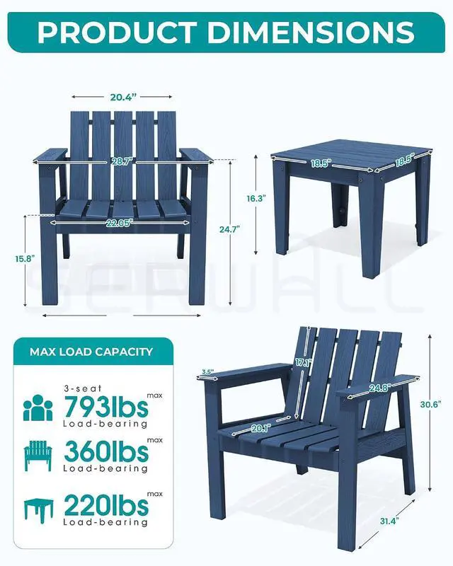 Alt view image 5 of 7 - Adirondack Chair Set, Includes Adirondack Chairs Set of 2 and 1 Piece Outdoor Side Table, HDPE Bistro Set- Navy