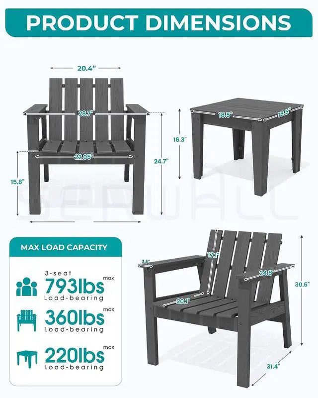 Alt view image 5 of 7 - Bistro Set, Includes Adirondack Chairs Set of 2 and 1 Piece Outdoor Side Table, HDPE Bistro Set- Gray