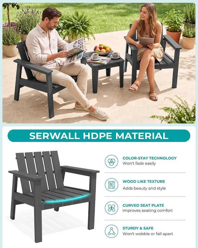 Alt view image 4 of 7 - Bistro Set, Includes Adirondack Chairs Set of 2 and 1 Piece Outdoor Side Table, HDPE Bistro Set- Gray