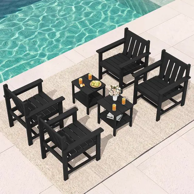 Alt view image 4 of 7 - SEWRWALL Patio Furniture Set, HDPE Material All Weather Use Adirondack Chair Set with Side Table for Balcony, Porch, Garden, Backyard- Black