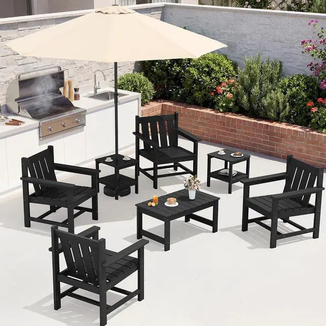 Alt view image 5 of 7 - SEWRWALL Patio Furniture Set, HDPE Material All Weather Use Adirondack Chair Set with Side Table for Balcony, Porch, Garden, Backyard- Black