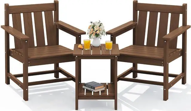 Alt view image 2 of 7 - SEWRWALL Patio Furniture Set, HDPE Material All Weather Use Adirondack Chair Set with Side Table for Balcony, Porch, Garden, Backyard- Brown