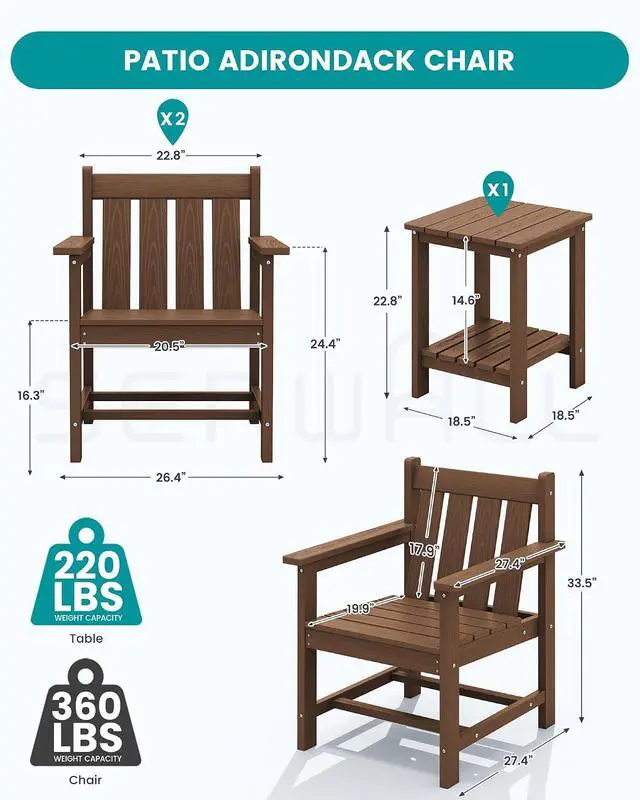 Alt view image 3 of 7 - SEWRWALL Patio Furniture Set, HDPE Material All Weather Use Adirondack Chair Set with Side Table for Balcony, Porch, Garden, Backyard- Brown