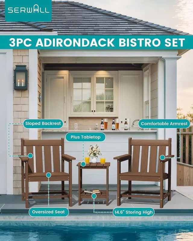 Alt view image 4 of 7 - SEWRWALL Patio Furniture Set, HDPE Material All Weather Use Adirondack Chair Set with Side Table for Balcony, Porch, Garden, Backyard- Brown