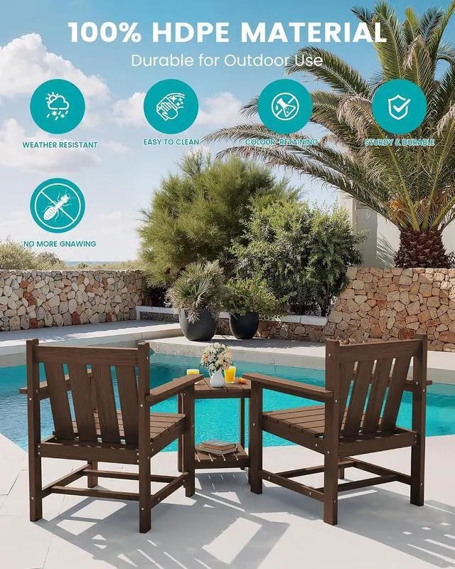 Alt view image 7 of 7 - SEWRWALL Patio Furniture Set, HDPE Material All Weather Use Adirondack Chair Set with Side Table for Balcony, Porch, Garden, Backyard- Brown