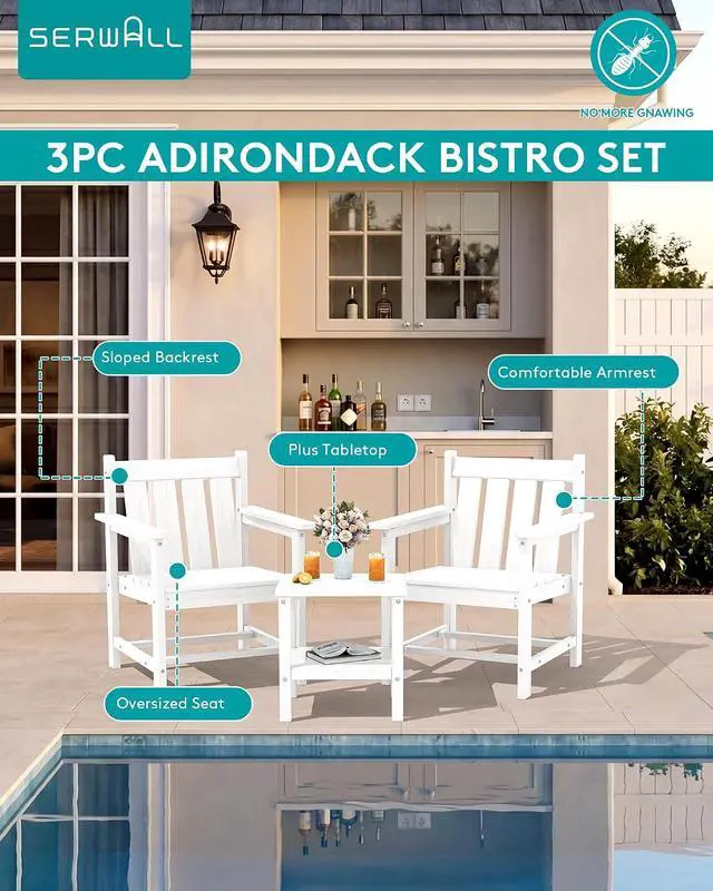 Alt view image 4 of 7 - SEWRWALL Patio Furniture Set, HDPE Material All Weather Use Adirondack Chair Set with Side Table for Balcony, Porch, Garden, Backyard- White