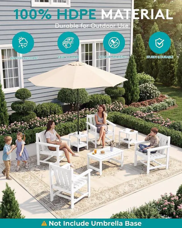 Alt view image 5 of 7 - SEWRWALL Patio Furniture Set, HDPE Material All Weather Use Adirondack Chair Set with Side Table for Balcony, Porch, Garden, Backyard- White