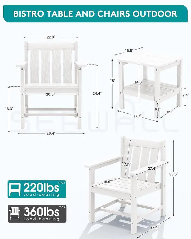 Alt view image 3 of 7 - SEWRWALL Patio Furniture Set, HDPE Material All Weather Use Adirondack Chair Set with Side Table for Balcony, Porch, Garden, Backyard- White