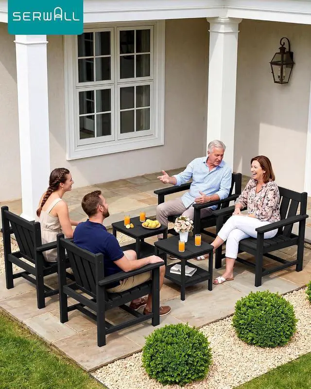 Alt view image 4 of 7 - SEWRWALL 3 Pieces Patio Bistro Set, All Weather Adirondack Chair Set with Side Table, HDPE Material Outdoor Patio Furniture Set for Balcony, Porch, Garden, Backyard- Black