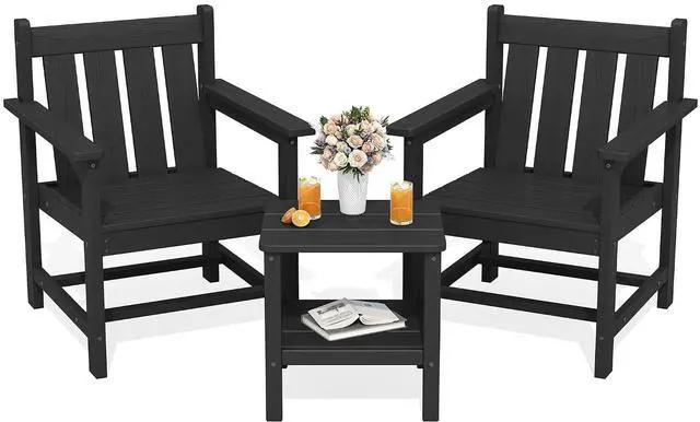 Main image of SEWRWALL 3 Pieces Patio Bistro Set, All Weather Adirondack Chair Set with Side Table, HDPE Material Outdoor Patio Furniture Set for Balcony, Porch, Garden, Backyard- Black