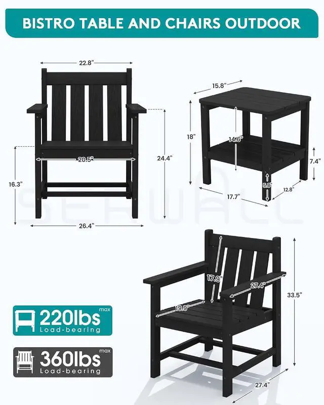 Alt view image 6 of 7 - SEWRWALL 3 Pieces Patio Bistro Set, All Weather Adirondack Chair Set with Side Table, HDPE Material Outdoor Patio Furniture Set for Balcony, Porch, Garden, Backyard- Black