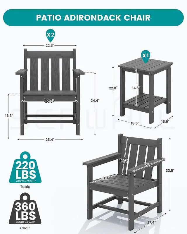 Alt view image 2 of 7 - SEWRWALL Patio Furniture Set, HDPE Material All Weather Use Adirondack Chair Set with Side Table for Balcony, Porch, Garden, Backyard- Gray