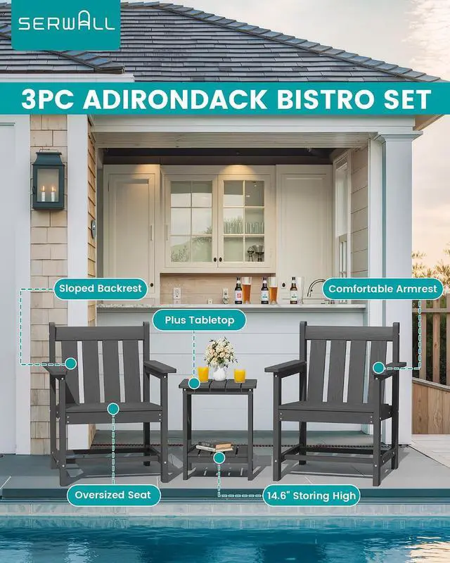 Alt view image 3 of 7 - SEWRWALL Patio Furniture Set, HDPE Material All Weather Use Adirondack Chair Set with Side Table for Balcony, Porch, Garden, Backyard- Gray