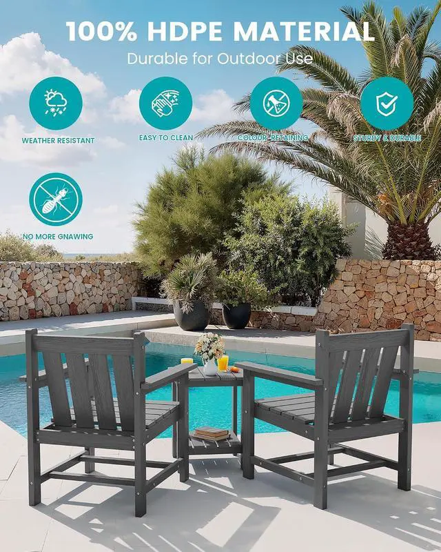 Alt view image 7 of 7 - SEWRWALL Patio Furniture Set, HDPE Material All Weather Use Adirondack Chair Set with Side Table for Balcony, Porch, Garden, Backyard- Gray