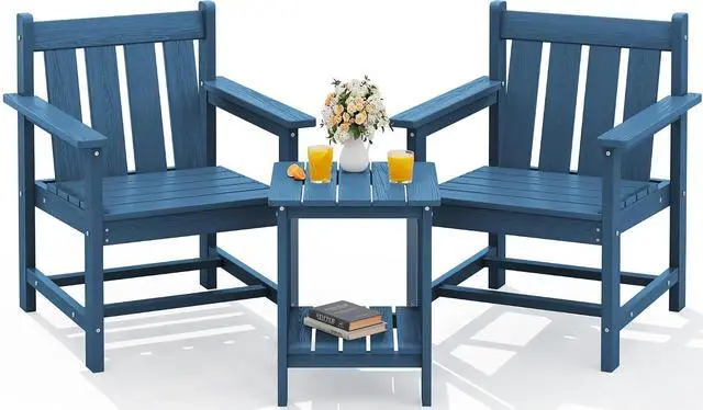 Main image of SEWRWALL 3 Pieces Patio Bistro Set, All Weather Adirondack Chair Set with Side Table, HDPE Material Outdoor Patio Furniture Set for Balcony, Porch, Garden, Backyard- Navy