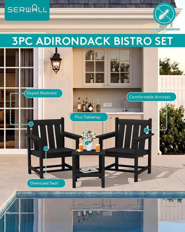 Alt view image 7 of 7 - SEWRWALL 3 Pieces Patio Bistro Set, All Weather Adirondack Chair Set with Side Table, HDPE Material Outdoor Patio Furniture Set for Balcony, Porch, Garden, Backyard- Black