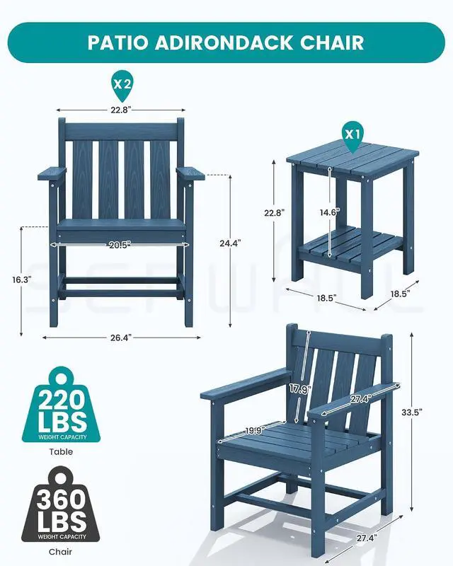 Alt view image 2 of 7 - SEWRWALL 3 Pieces Patio Bistro Set, All Weather Adirondack Chair Set with Side Table, HDPE Material Outdoor Patio Furniture Set for Balcony, Porch, Garden, Backyard- Navy