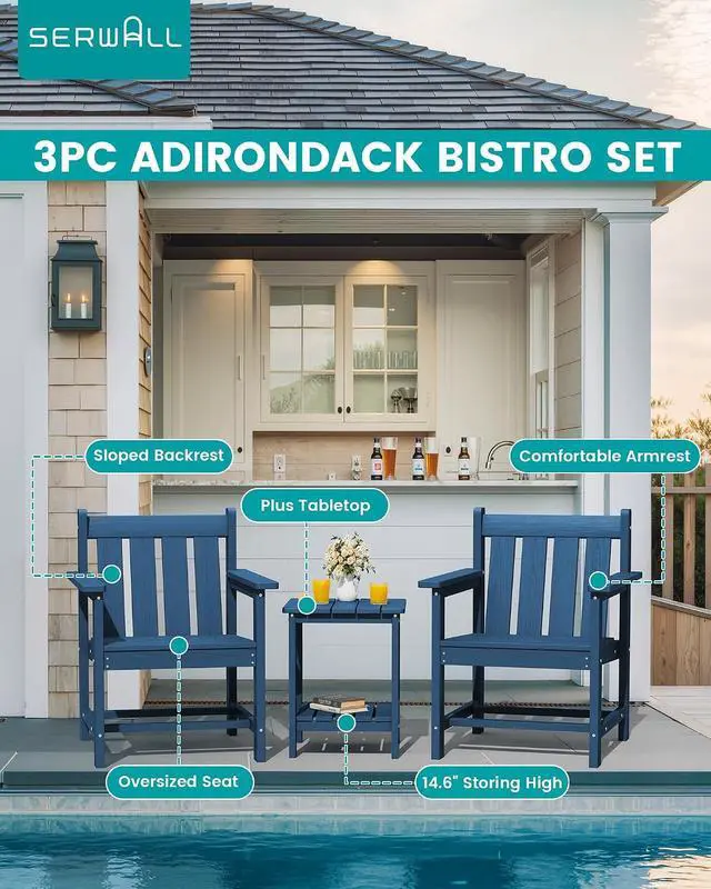 Alt view image 3 of 7 - SEWRWALL 3 Pieces Patio Bistro Set, All Weather Adirondack Chair Set with Side Table, HDPE Material Outdoor Patio Furniture Set for Balcony, Porch, Garden, Backyard- Navy