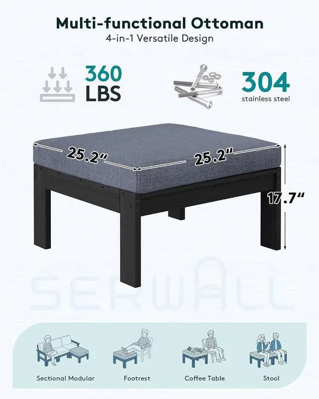 Alt view image 2 of 6 - Outdoor Ottoman with Cushions for Sofa Set, Black HDPE Frame with Gray Cushions