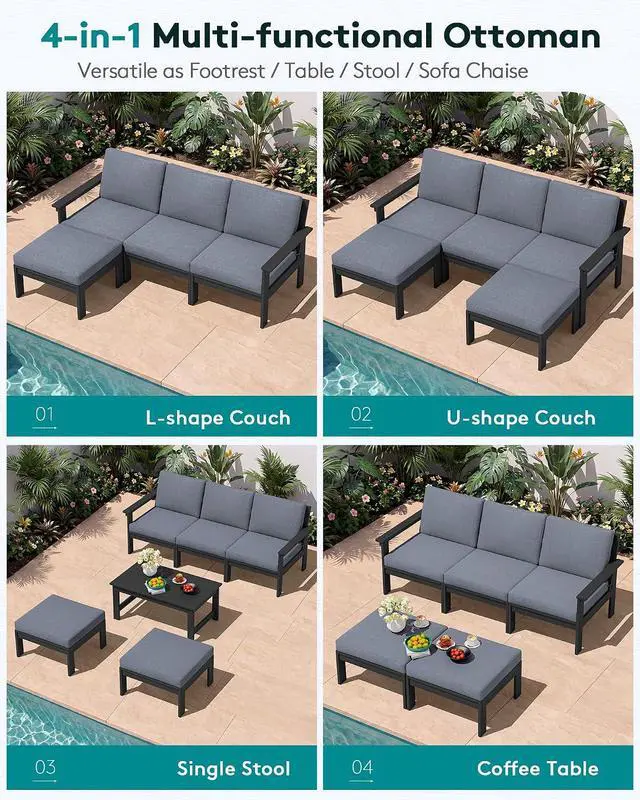 Alt view image 5 of 6 - Outdoor Ottoman with Cushions for Sofa Set, Black HDPE Frame with Gray Cushions