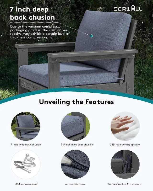 Alt view image 4 of 7 - HDPE Patio Sofa Set, 3-piece Sectional Outdoor Furniture Set, All Weather Outdoor Couch Set Patio Furniture Set for Deck, Lawn, Grey Frame with Grey Cushion