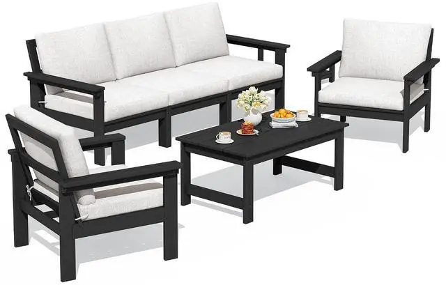Main image of HDPE Patio Conversation Set, 6-piece Sectional Outdoor Furniture Set, All Weather Outdoor Couch Set Patio Furniture Set for Deck, Lawn, Black Frame with Khaki Cushion