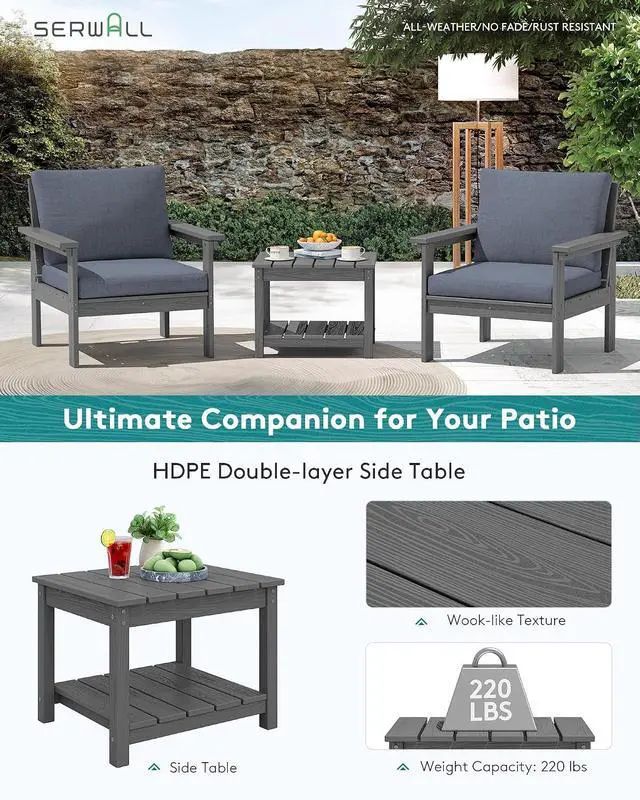 Alt view image 6 of 7 - HDPE Patio Sofa Set, 3-piece Sectional Outdoor Furniture Set, All Weather Outdoor Couch Set Patio Furniture Set for Deck, Lawn, Grey Frame with Grey Cushion