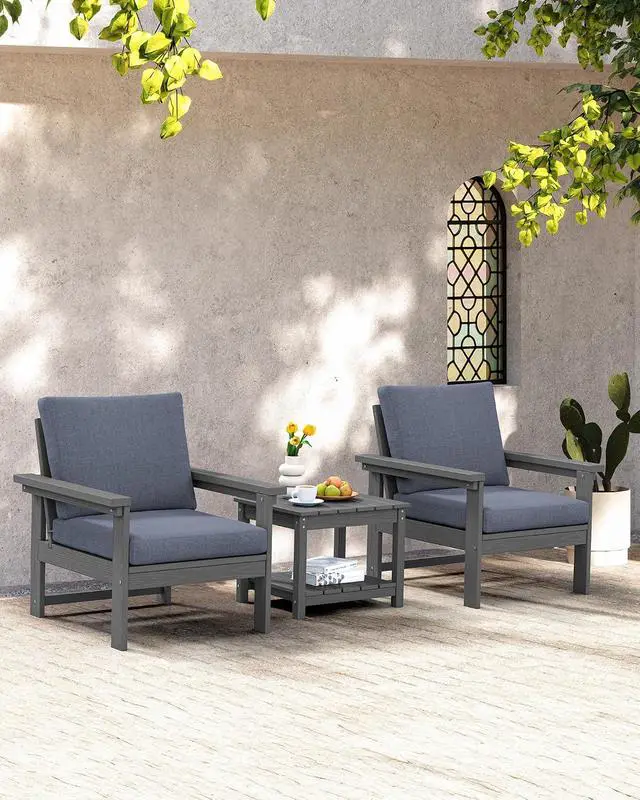 Alt view image 7 of 7 - HDPE Patio Sofa Set, 3-piece Sectional Outdoor Furniture Set, All Weather Outdoor Couch Set Patio Furniture Set for Deck, Lawn, Grey Frame with Grey Cushion