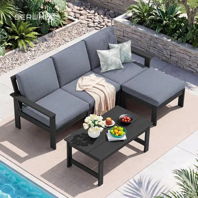 Alt view image 6 of 6 - Outdoor Ottoman with Cushions for Sofa Set, Black HDPE Frame with Gray Cushions