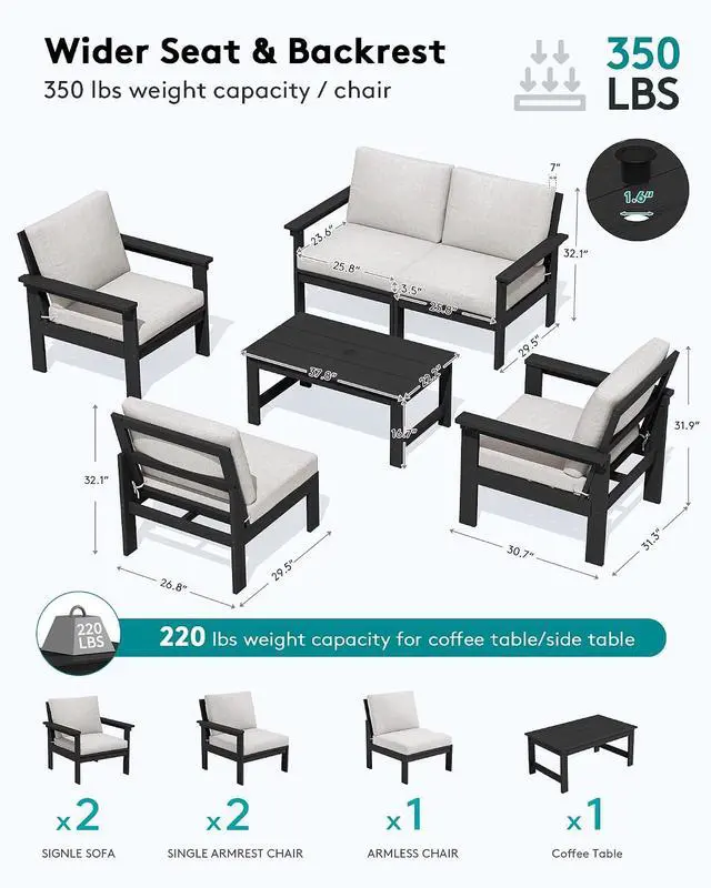 Alt view image 2 of 7 - HDPE Patio Conversation Set, 6-piece Sectional Outdoor Furniture Set, All Weather Outdoor Couch Set Patio Furniture Set for Deck, Lawn, Black Frame with Khaki Cushion